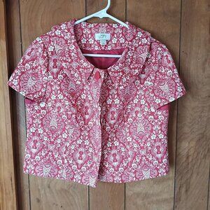 LOFT Ann Taylor Red White Floral Cotton Cropped Jacket Short Sleeve Size 8
